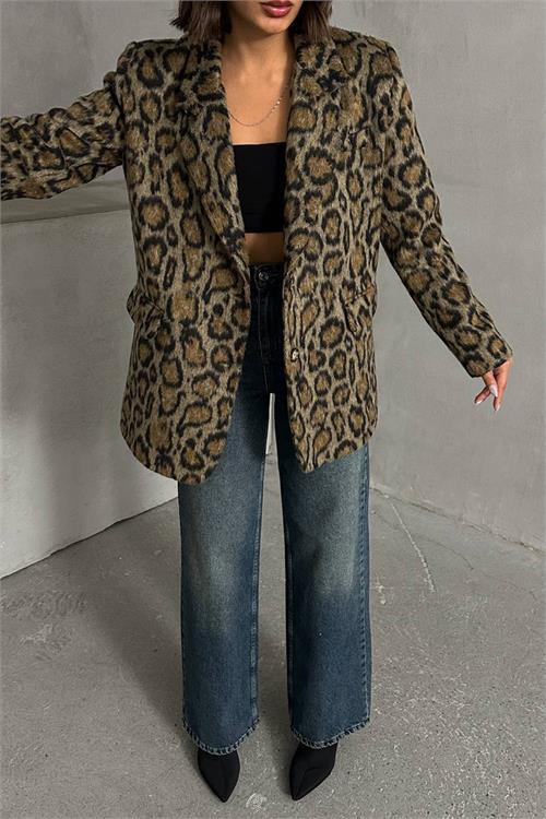 Dipmoda kadın astarlı oversize leopar kaşe ceket NBG052