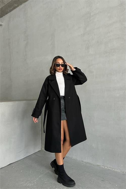 Dipmoda kadın astarlı siyah ithal kaşe kaban NBG048