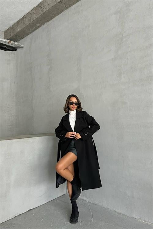 Dipmoda kadın astarlı siyah ithal kaşe kaban NBG048