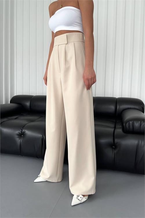 Dipmoda kadın atlas kumaş cırtlı palazzo pantolon GTS029 - Bej 