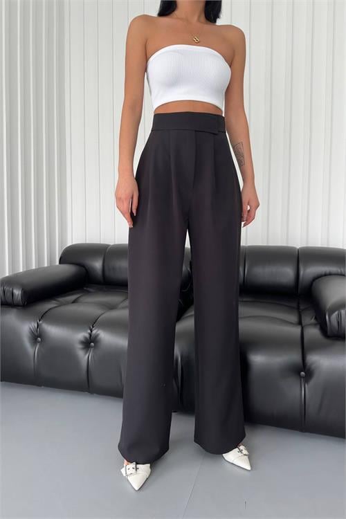 Dipmoda kadın atlas kumaş cırtlı palazzo pantolon GTS029 - Siyah 