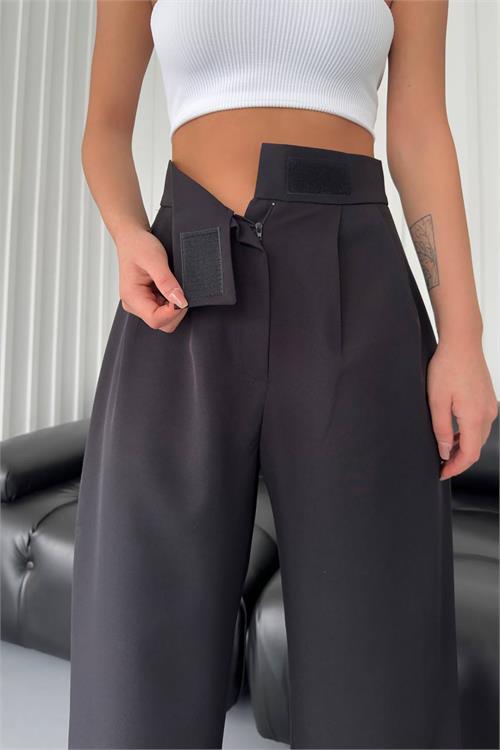 Dipmoda kadın atlas kumaş cırtlı palazzo pantolon GTS029 - Siyah 