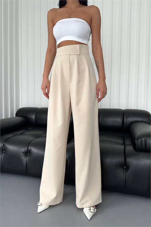 Dipmoda kadın atlas kumaş cırtlı palazzo pantolon GTS029 - Bej 