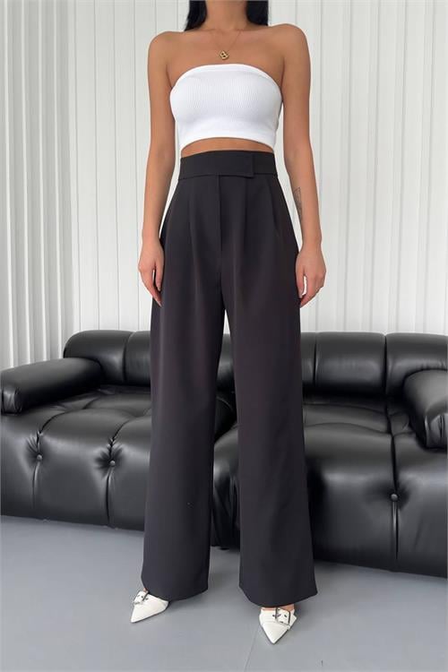 Dipmoda kadın atlas kumaş cırtlı palazzo pantolon GTS029 - Siyah 