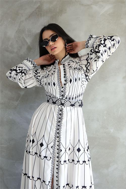 Dipmoda kadın atlas kumaş desenli elbise DPMS42129