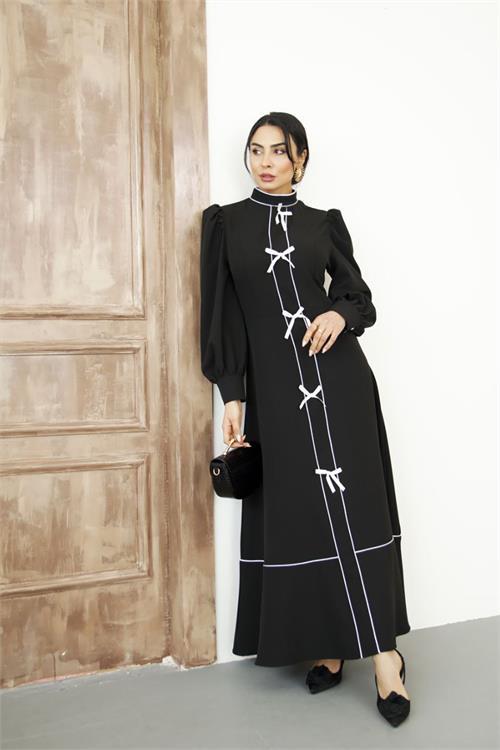 Dipmoda kadın atlas kumaş fiyonk detaylı uzun elbise DPMS2515