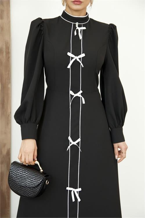 Dipmoda kadın atlas kumaş fiyonk detaylı uzun elbise DPMS2515