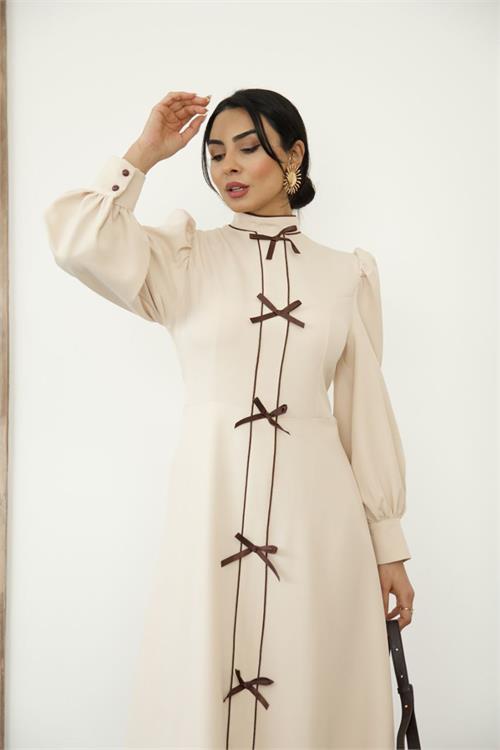 Dipmoda kadın atlas kumaş fiyonk detaylı uzun elbise DPMS2515