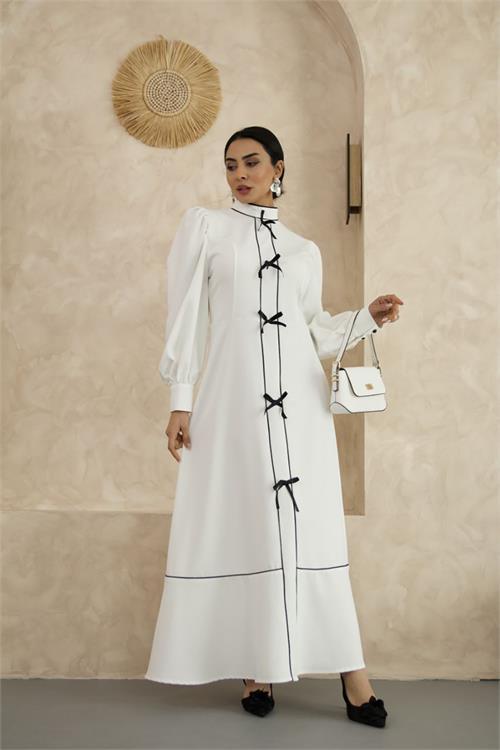 Dipmoda kadın atlas kumaş fiyonk detaylı uzun elbise DPMS2515