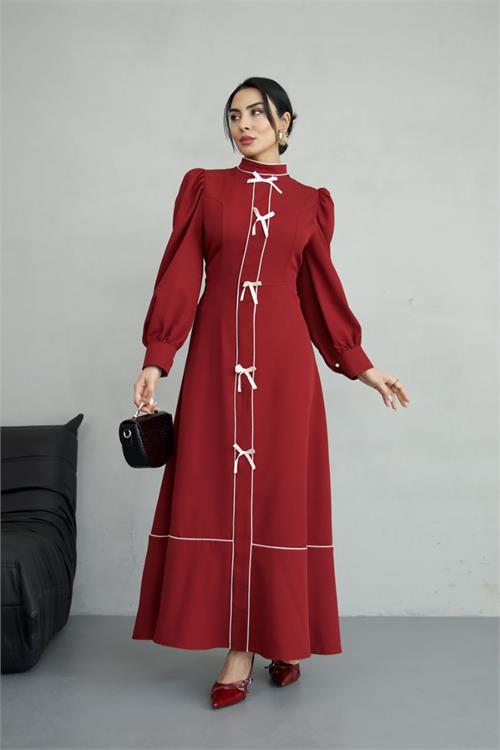 Dipmoda kadın atlas kumaş fiyonk detaylı uzun elbise DPMS2515