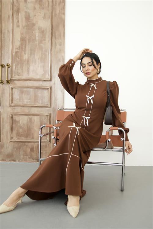 Dipmoda kadın atlas kumaş fiyonk detaylı uzun elbise DPMS2515