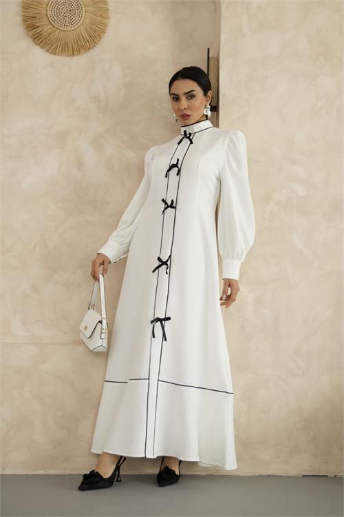 Dipmoda kadın atlas kumaş fiyonk detaylı uzun elbise DPMS2515