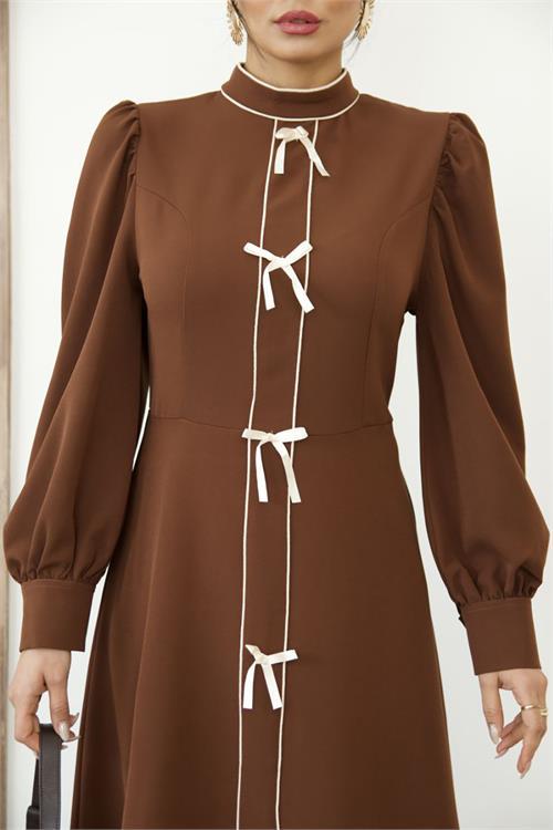 Dipmoda kadın atlas kumaş fiyonk detaylı uzun elbise DPMS2515