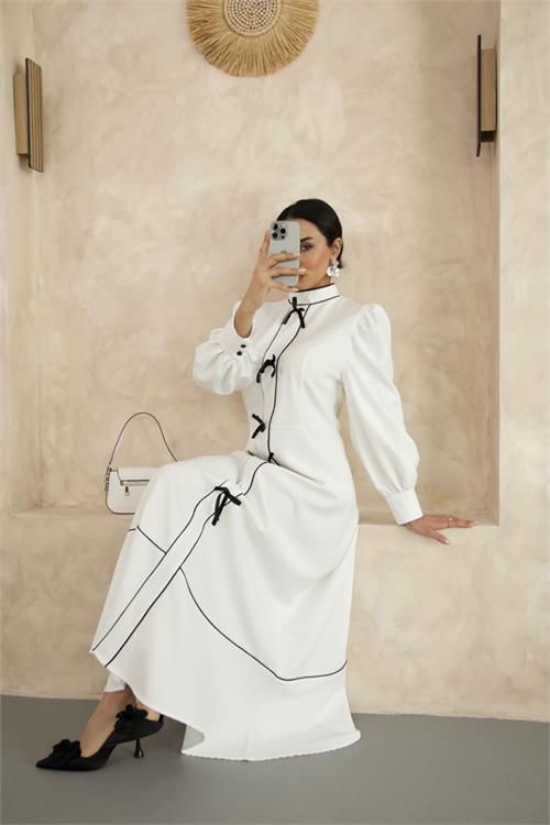 Dipmoda kadın atlas kumaş fiyonk detaylı uzun elbise DPMS2515