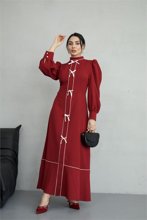 Dipmoda kadın atlas kumaş fiyonk detaylı uzun elbise DPMS2515