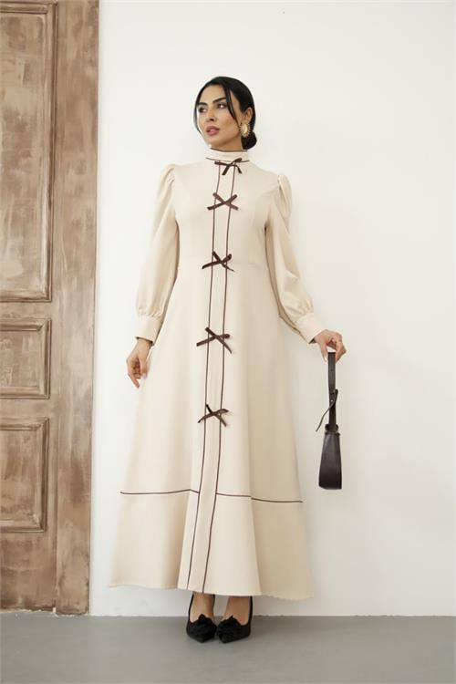 Dipmoda kadın atlas kumaş fiyonk detaylı uzun elbise DPMS2515