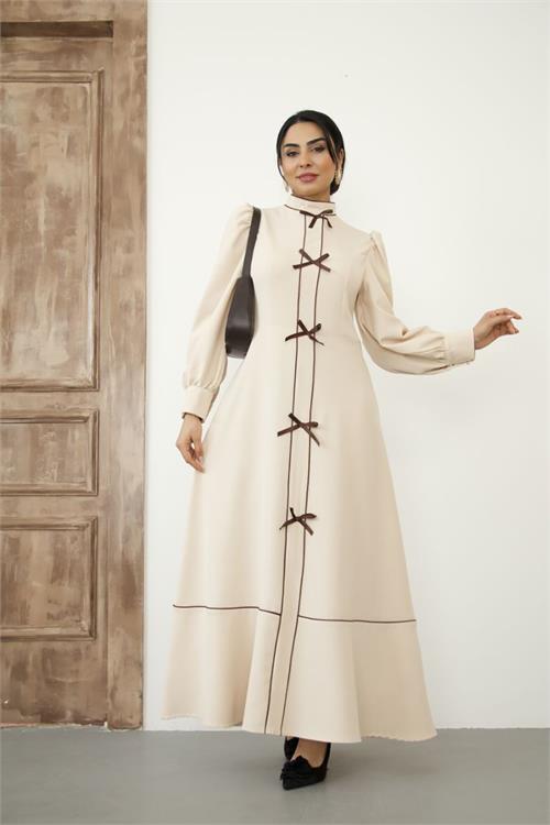 Dipmoda kadın atlas kumaş fiyonk detaylı uzun elbise DPMS2515