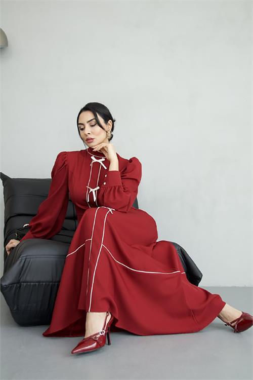 Dipmoda kadın atlas kumaş fiyonk detaylı uzun elbise DPMS2515