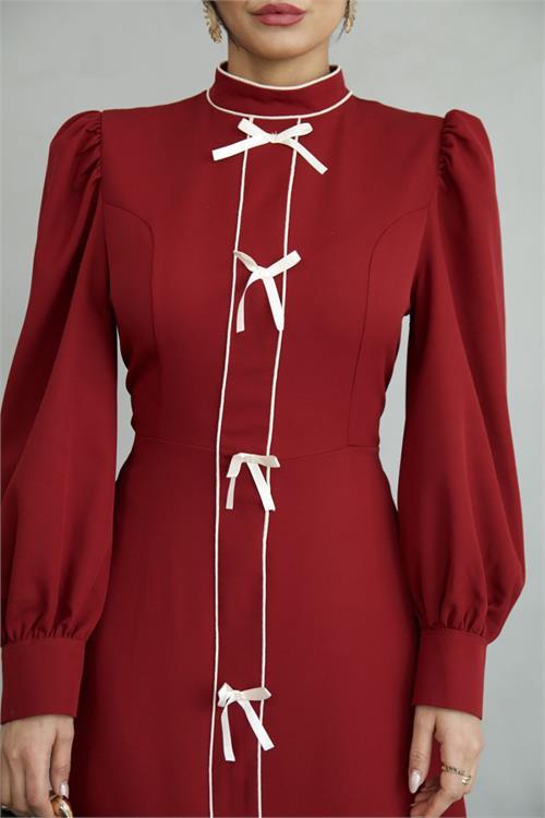 Dipmoda kadın atlas kumaş fiyonk detaylı uzun elbise DPMS2515