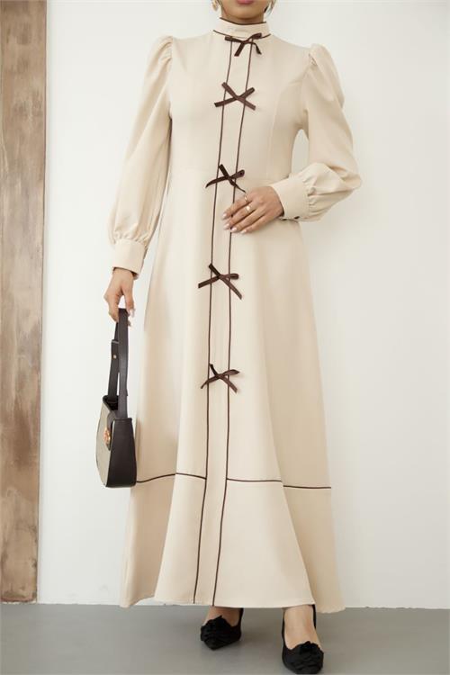 Dipmoda kadın atlas kumaş fiyonk detaylı uzun elbise DPMS2515