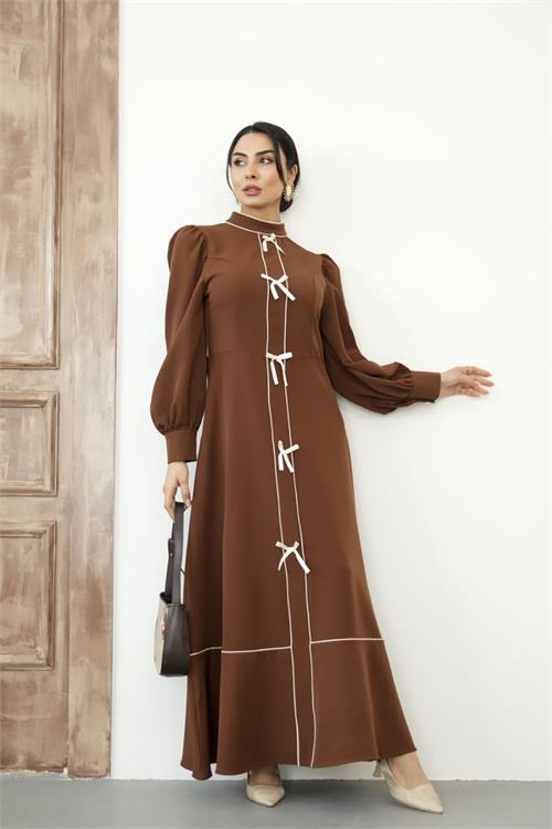 Dipmoda kadın atlas kumaş fiyonk detaylı uzun elbise DPMS2515