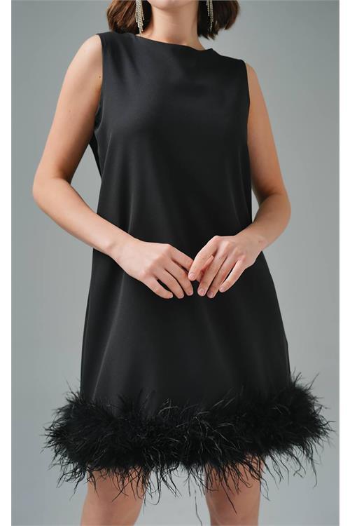 Dipmoda kadın atlas kumaş tüy detaylı mini abiye NBSWLL04 