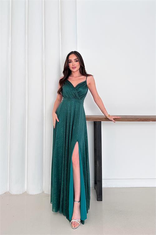 Dipmoda kadın ayarlanabilir askılı yırtmaçlı tül abiye elbise RYS9276