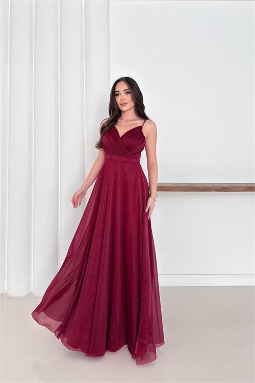 Dipmoda kadın ayarlanabilir askılı yırtmaçlı tül abiye elbise RYS9276