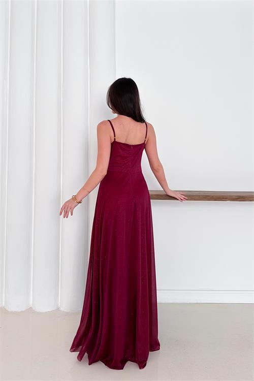 Dipmoda kadın ayarlanabilir askılı yırtmaçlı tül abiye elbise RYS9276