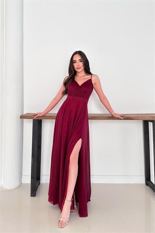 Dipmoda kadın ayarlanabilir askılı yırtmaçlı tül abiye elbise RYS9276