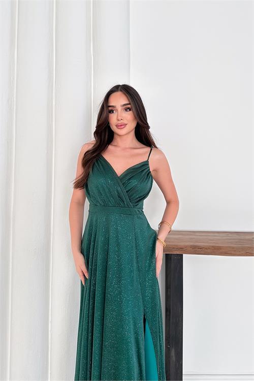 Dipmoda kadın ayarlanabilir askılı yırtmaçlı tül abiye elbise RYS9276