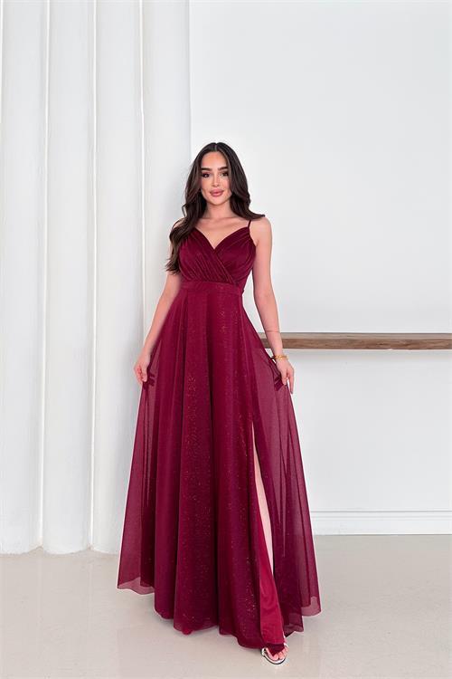 Dipmoda kadın ayarlanabilir askılı yırtmaçlı tül abiye elbise RYS9276