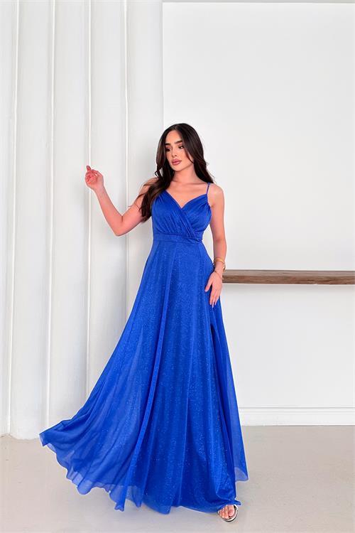 Dipmoda kadın ayarlanabilir askılı yırtmaçlı tül abiye elbise RYS9276