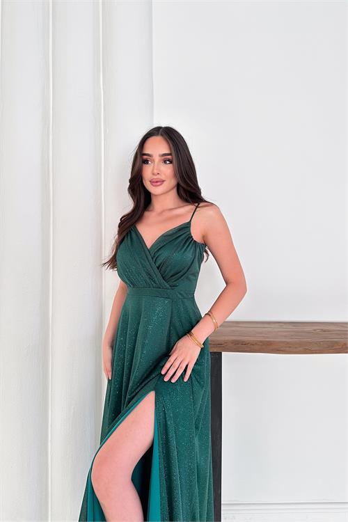 Dipmoda kadın ayarlanabilir askılı yırtmaçlı tül abiye elbise RYS9276