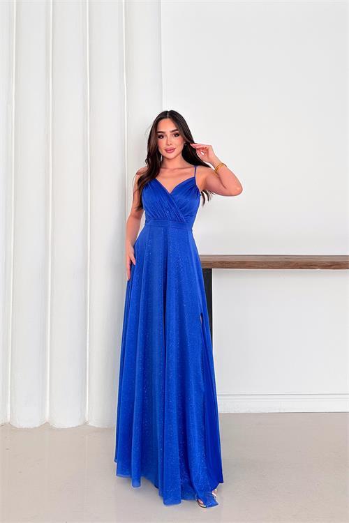 Dipmoda kadın ayarlanabilir askılı yırtmaçlı tül abiye elbise RYS9276