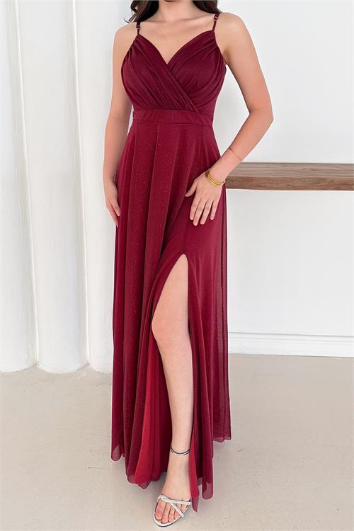 Dipmoda kadın ayarlanabilir askılı yırtmaçlı tül abiye elbise RYS9276