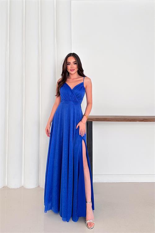 Dipmoda kadın ayarlanabilir askılı yırtmaçlı tül abiye elbise RYS9276