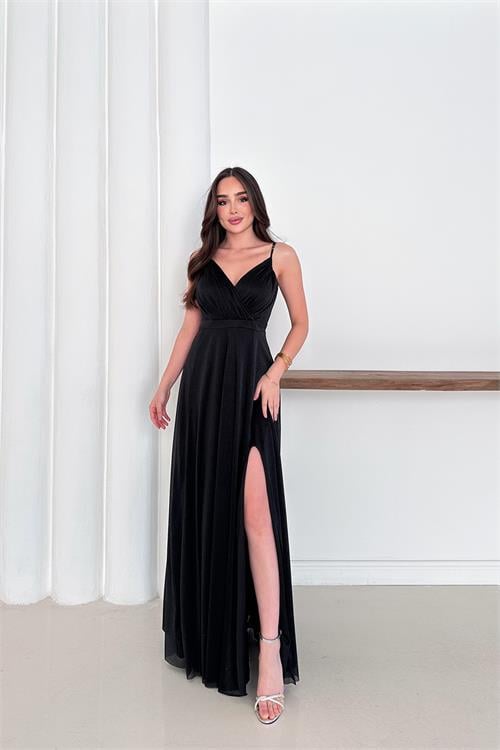 Dipmoda kadın ayarlanabilir askılı yırtmaçlı tül abiye elbise RYS9276