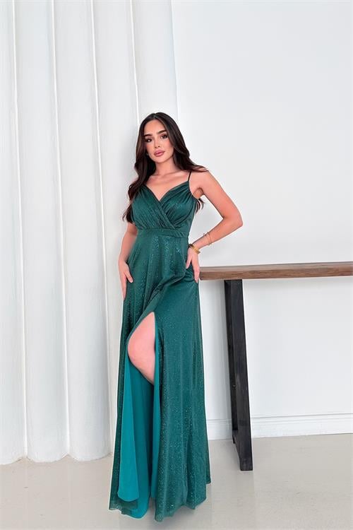 Dipmoda kadın ayarlanabilir askılı yırtmaçlı tül abiye elbise RYS9276