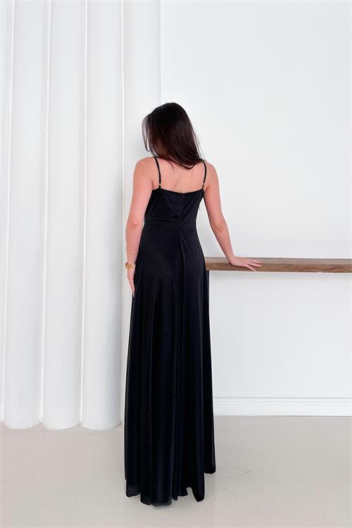 Dipmoda kadın ayarlanabilir askılı yırtmaçlı tül abiye elbise RYS9276