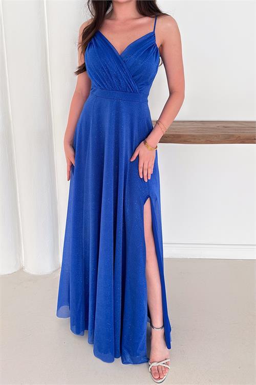 Dipmoda kadın ayarlanabilir askılı yırtmaçlı tül abiye elbise RYS9276