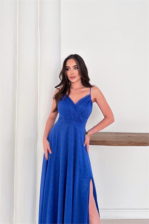 Dipmoda kadın ayarlanabilir askılı yırtmaçlı tül abiye elbise RYS9276