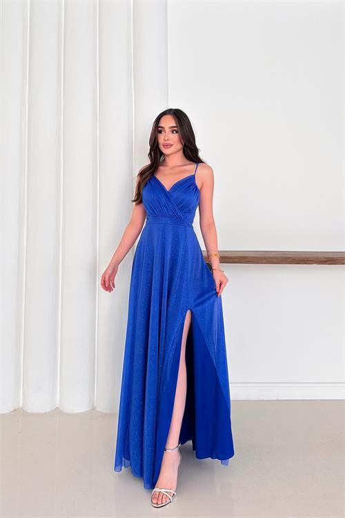 Dipmoda kadın ayarlanabilir askılı yırtmaçlı tül abiye elbise RYS9276