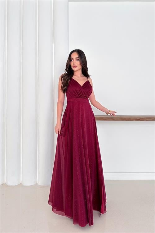 Dipmoda kadın ayarlanabilir askılı yırtmaçlı tül abiye elbise RYS9276