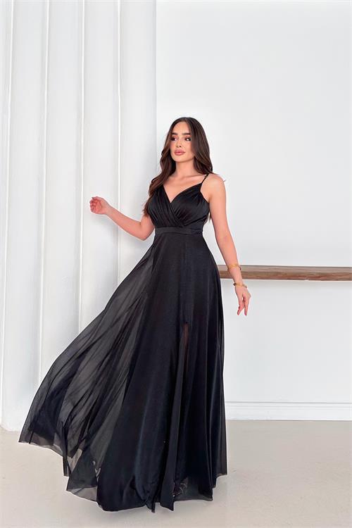 Dipmoda kadın ayarlanabilir askılı yırtmaçlı tül abiye elbise RYS9276