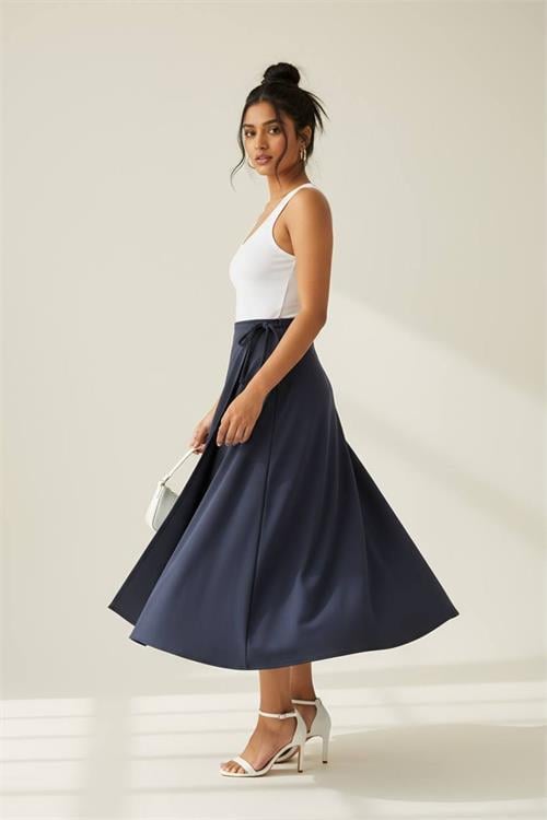 Dipmoda kadın bağlama detaylı scuba kumaş asimetrik etek NMS075