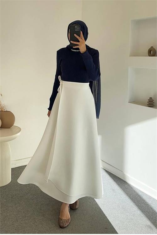 Dipmoda kadın bağlama detaylı scuba kumaş asimetrik etek NMS075