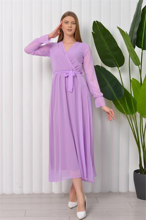 Dipmoda kadın bağlama detaylı uzun şifon elbise KTS003 - Lila 