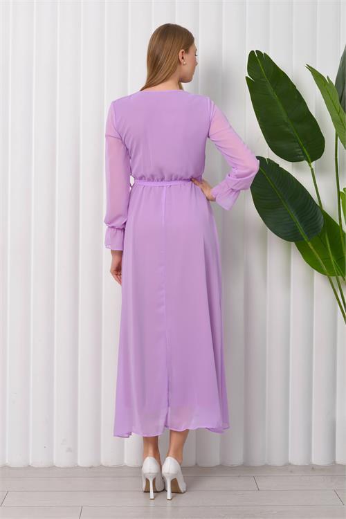 Dipmoda kadın bağlama detaylı uzun şifon elbise KTS003 - Lila 