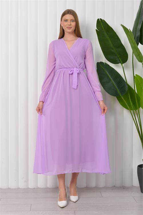 Dipmoda kadın bağlama detaylı uzun şifon elbise KTS003 - Lila 